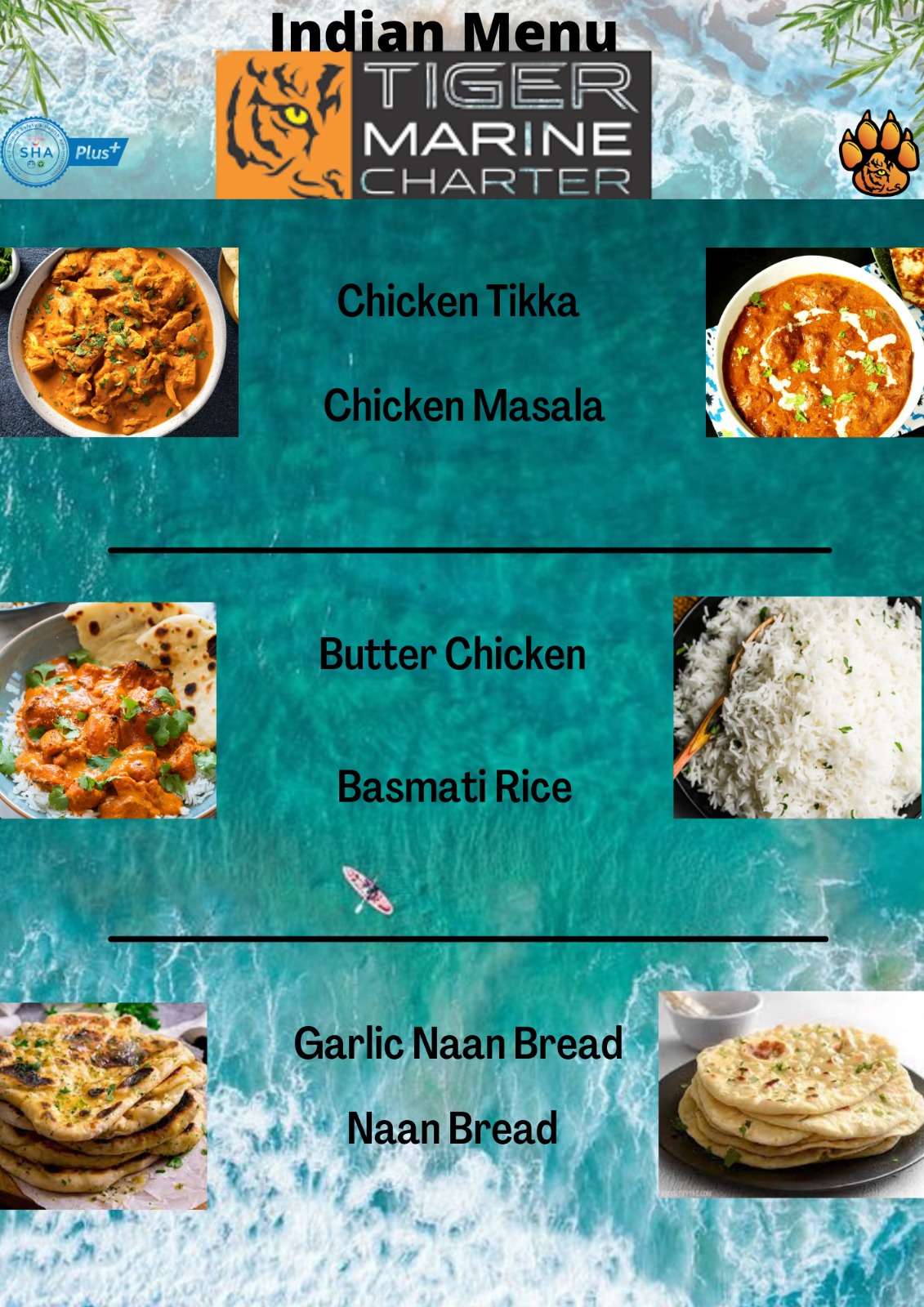 Tiger Marine Charter - Foods - Indian Food Menu