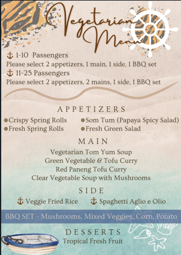 Tiger Marine Charter - Foods - Vegetarian Food Menu