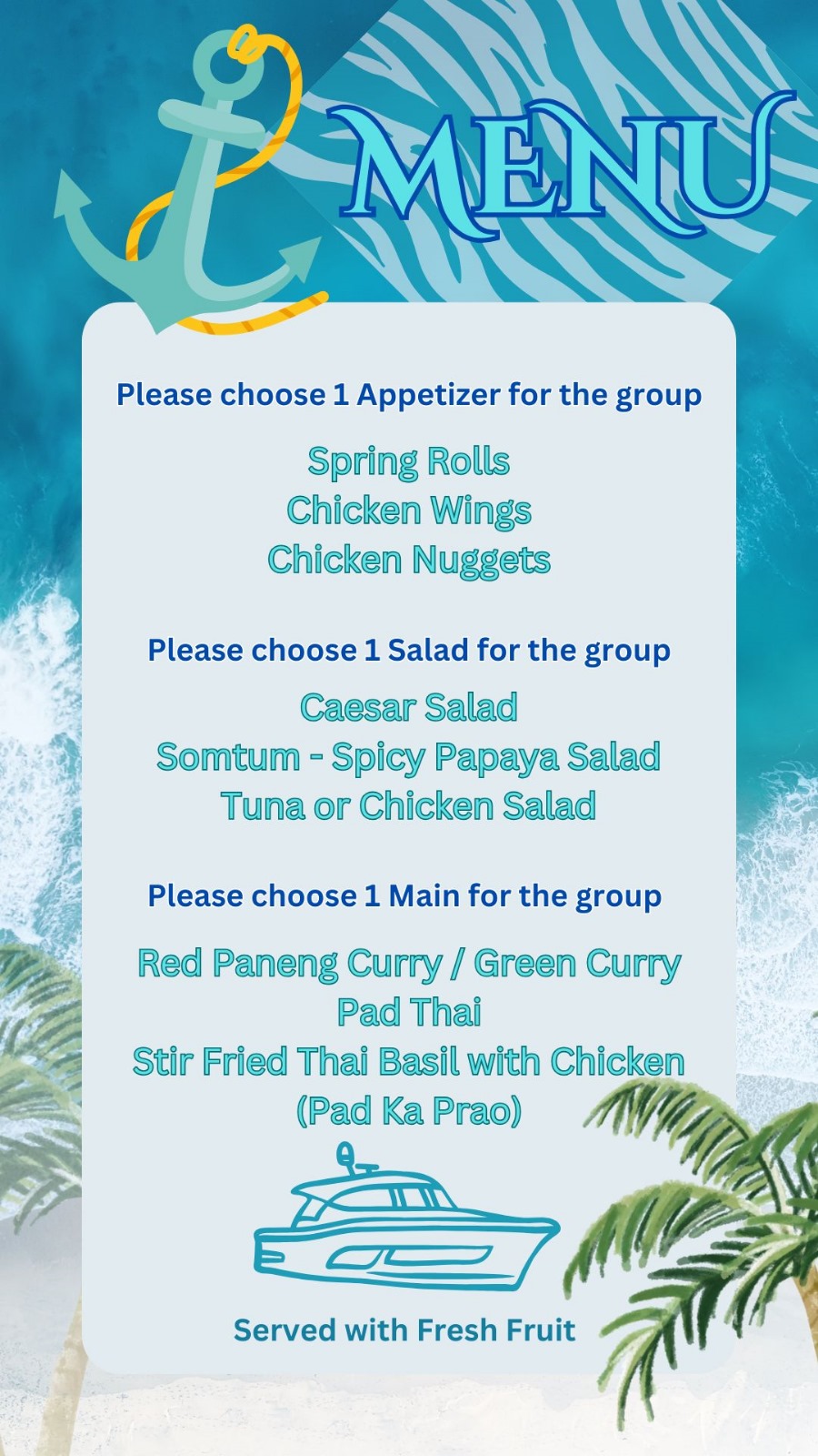 Tiger Marine Charter - Half Day Food Menu