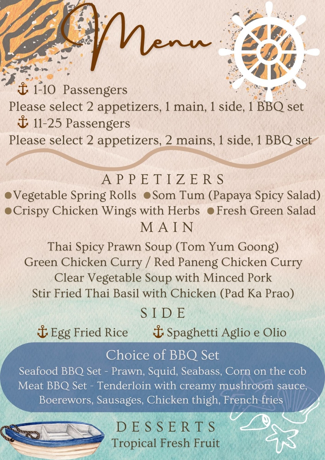 Tiger Marine Charter - Foods - Day Trip Food Menu 2025