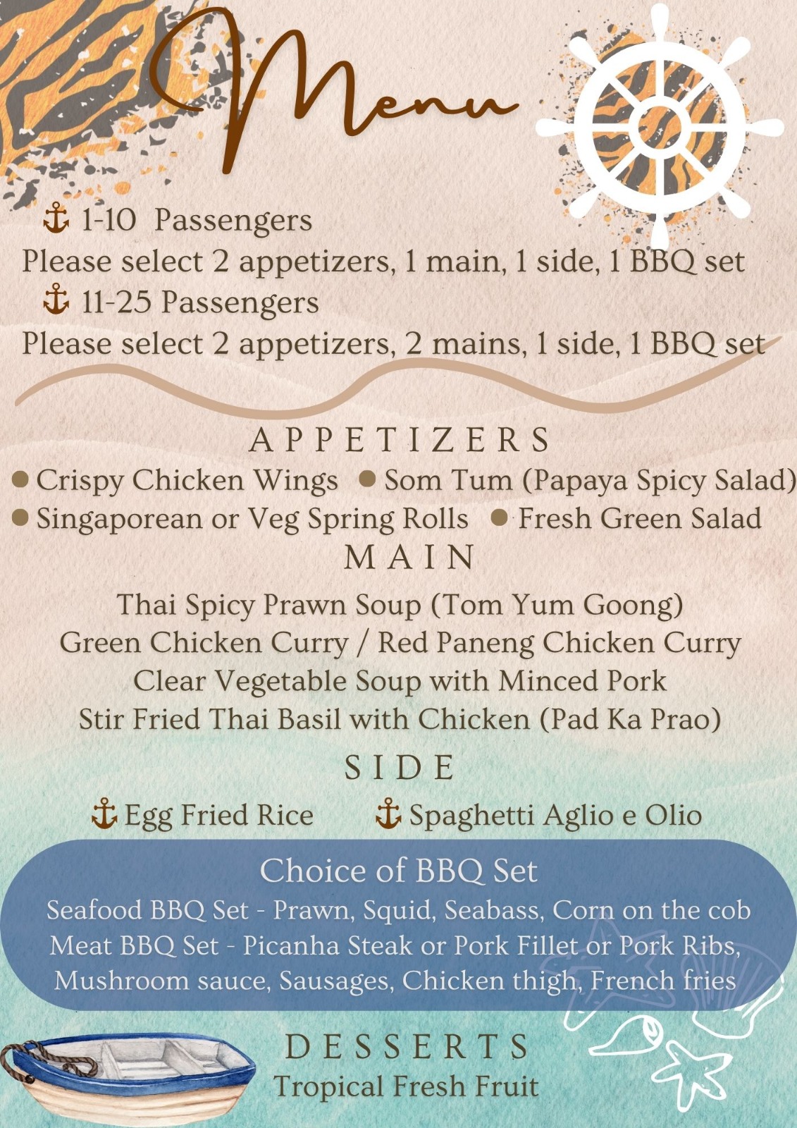 Tiger Marine Charter - Foods - Day Trip Food Menu - March 2025
